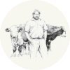 Hand drawn image of a farmer with livestock