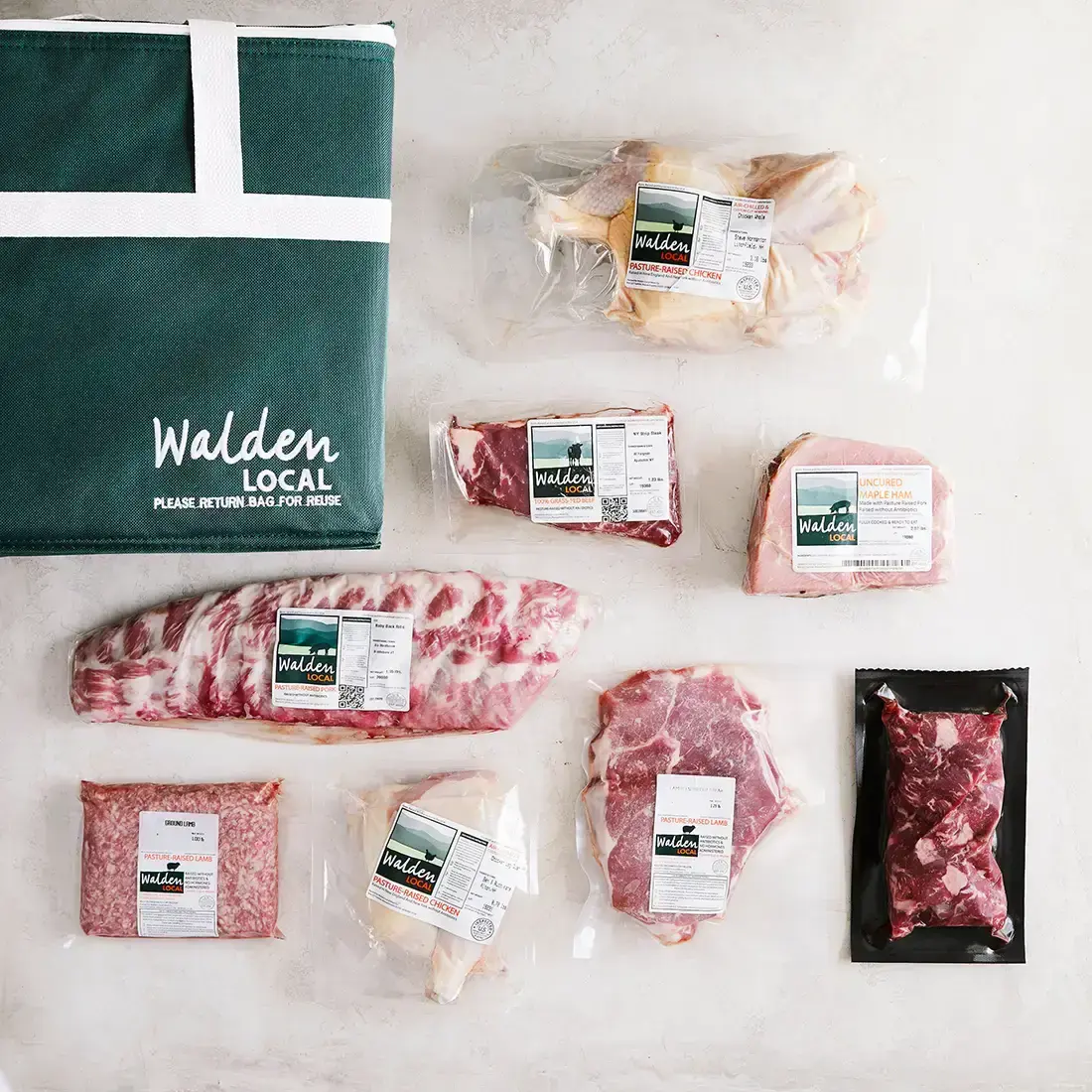 Packages of meat with a Walden share bag on a kitchen counter